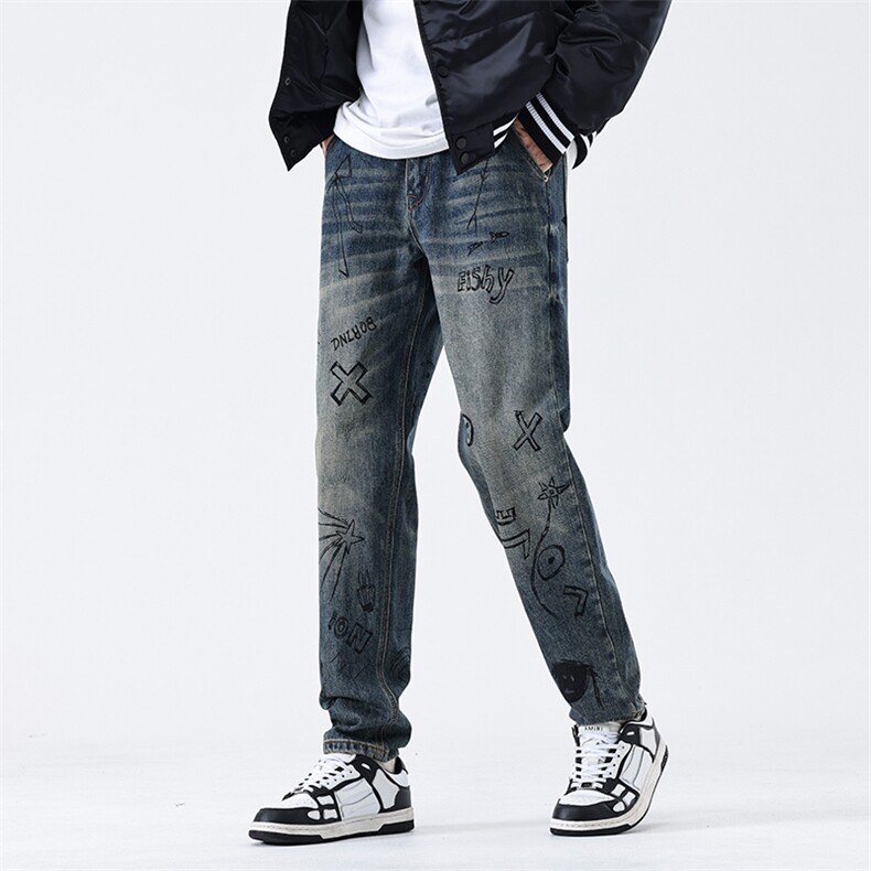 B230档2025秋冬新款潮牌复古满印涂鸦宽松哈伦牛仔裤男9822P90，男装牛仔裤，电商B230