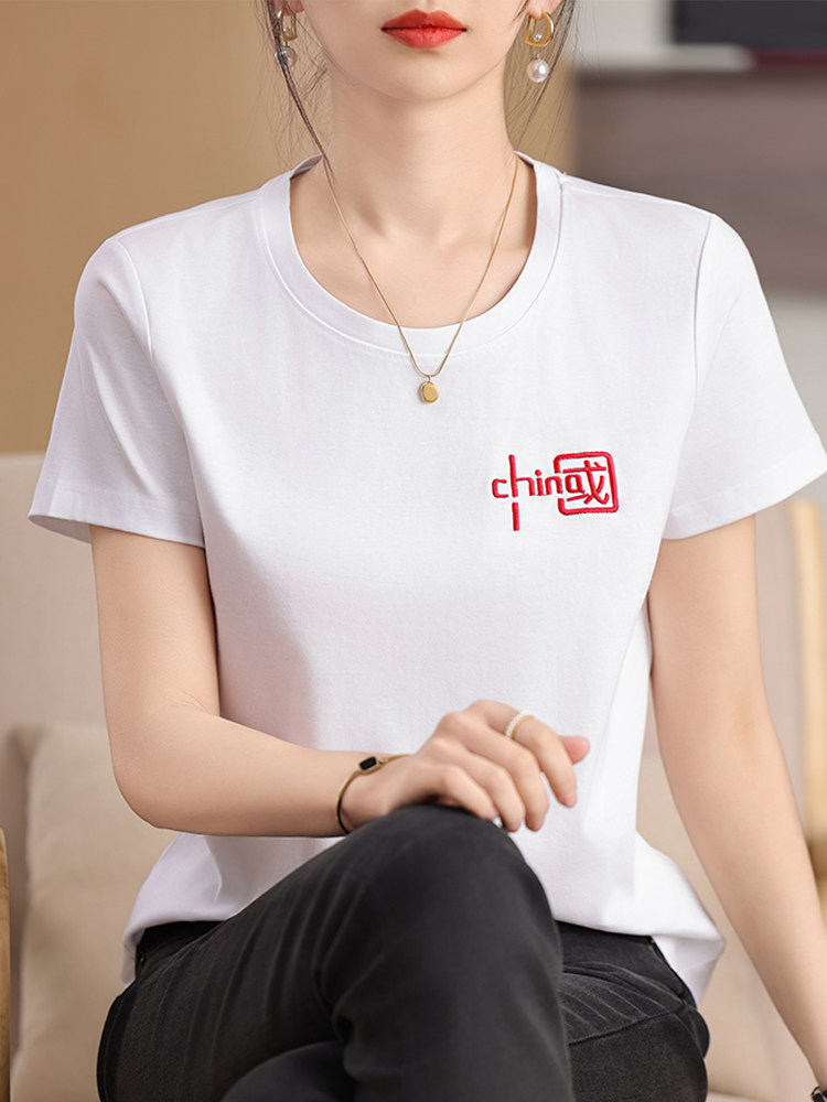 2025新款纯棉宽松双面丝光棉刺绣T恤女短袖纯色百搭,女装T恤,元素羊绒