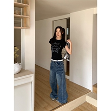 美式复古蕾丝边正肩短袖T恤女2025夏季辣妹修身短款打底衫上衣潮，男装T恤，星座506A