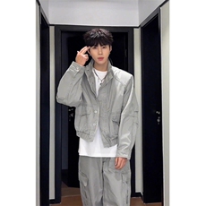 工装风灰色垫肩外套夹克机车服JK948特P100，男装夹克，星座908-1