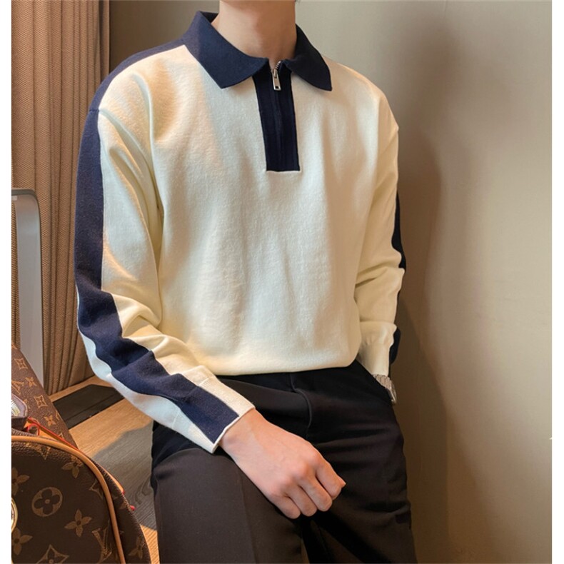 韩版潮男长袖半拉链polo翻领针织衫加厚套头拼接宽松纯色毛线上衣，男装Polo衫，四季星座505
