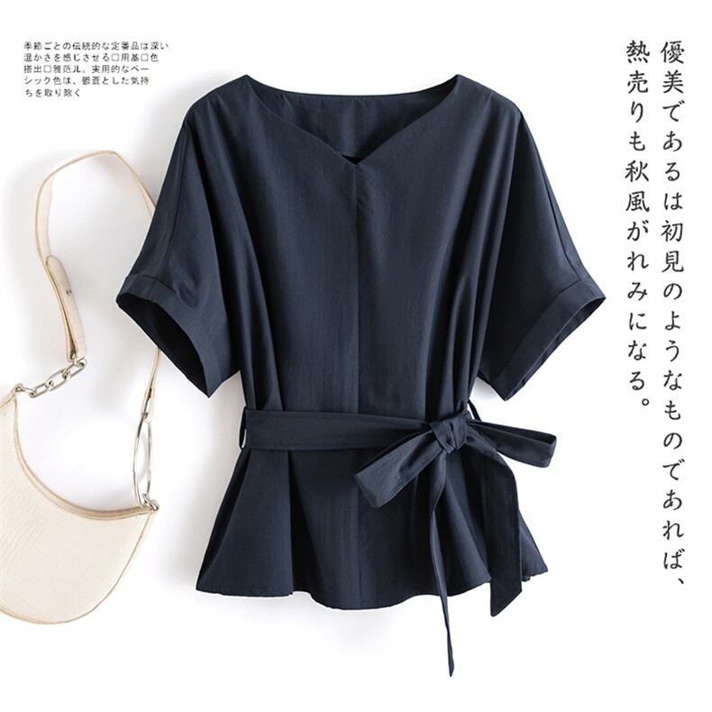 日系V领宽松小衫系腰带绿色大码短袖上衣胖妹妹女夏季百搭,女装衬衫,水衣源