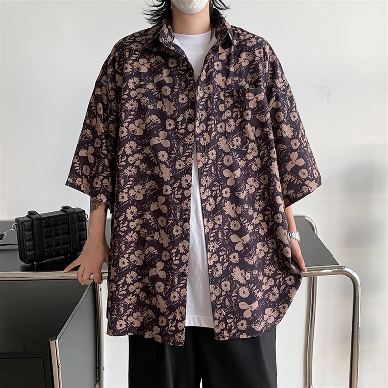夏季新款高街潮牌短袖衬衫男美式复古五分袖衬衣 现货 W8225-P30图片