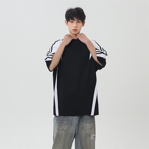 复古撞色拼接条纹t恤潮牌插肩袖黑色短袖男夏季25XT77227特批25图片