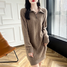 中长款100%纯羊毛衫女半开拉链菱形扭花针织毛衣宽松羊绒打底长裙，女装羊毛衫，蒙莲贝斯