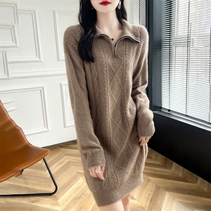 中长款100%纯羊毛衫女半开拉链菱形扭花针织毛衣宽松羊绒打底长裙图片