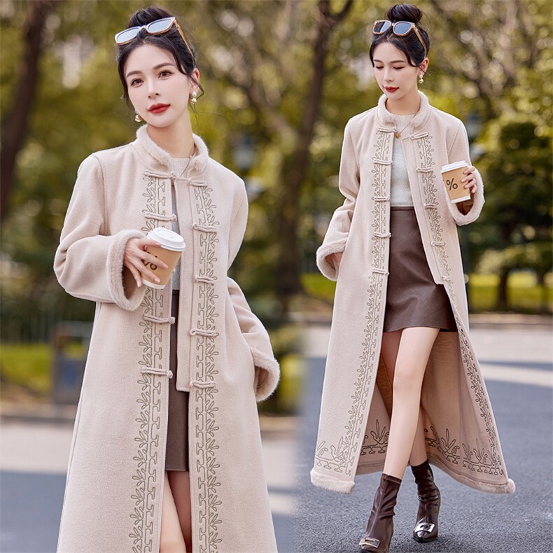 2024秋冬新款复古重工刺绣新中式双面呢子大衣女长款过膝毛呢外套，女装毛呢外套，芷墨服饰