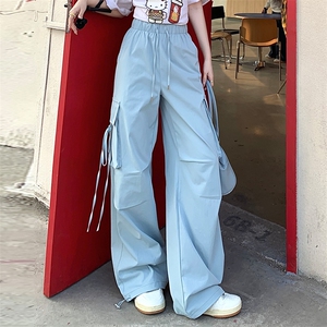 蓝色潮酷工装裤女2025春夏薄美式高腰显瘦速干运动束脚阔腿直筒裤