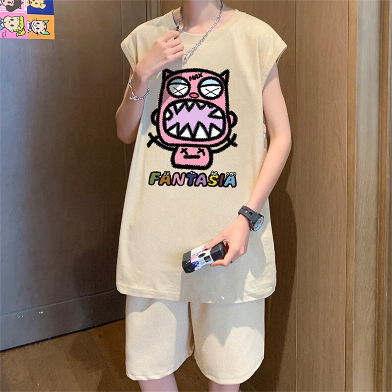 直播品质美式宽松纯棉背心无袖t恤短裤大码两件套套装TZ16-P58,男装T恤,电商A486