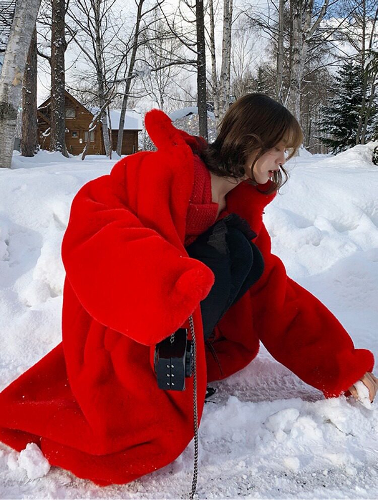 2024秋冬季水貂绒皮草红色外套女立领中长款毛毛大衣仿獭兔毛茸茸，女装皮草，尚羽泽网红店