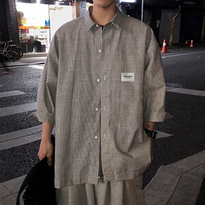 2026夏装新款条纹绣标短袖五分袖衬衫潮男衬衣 CS8090/P40 黑色图片