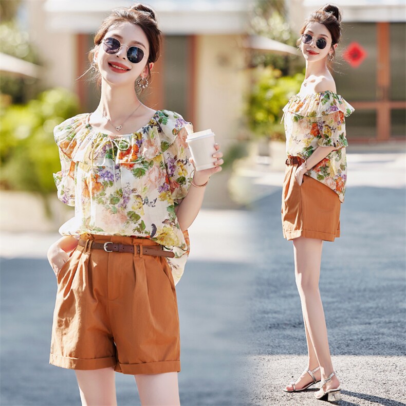 碎花雪纺上衣短裤两件套女2025夏新款小个子时尚气质显瘦休闲套装，女装套装/套裙，意芙
