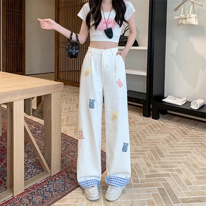 AK2217-P65小熊刺绣格子翻边休闲裤女夏高腰直筒宽松阔腿裤图片