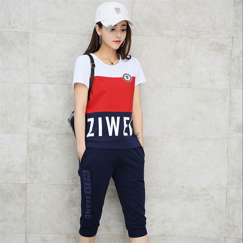 字母潮流休闲优雅拼接圆领短袖套装/套裙2020年夏季小脚裤,女装套装/套裙,凯瑟曼