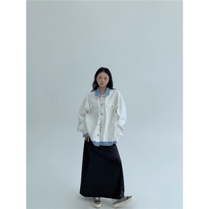 秋季美式休闲假两件拼接牛仔外套女宽松复松弛感做旧夹克潮图片