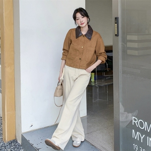 棕色拼皮翻领短外套女早秋2025新款韩系chic别致休闲甜酷减龄夹克图片