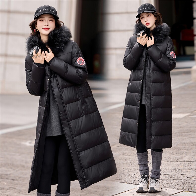 加厚超长过膝狐狸毛领连帽宽松亮面免洗保暖排骨羽绒服女，女装羽绒服，依多米