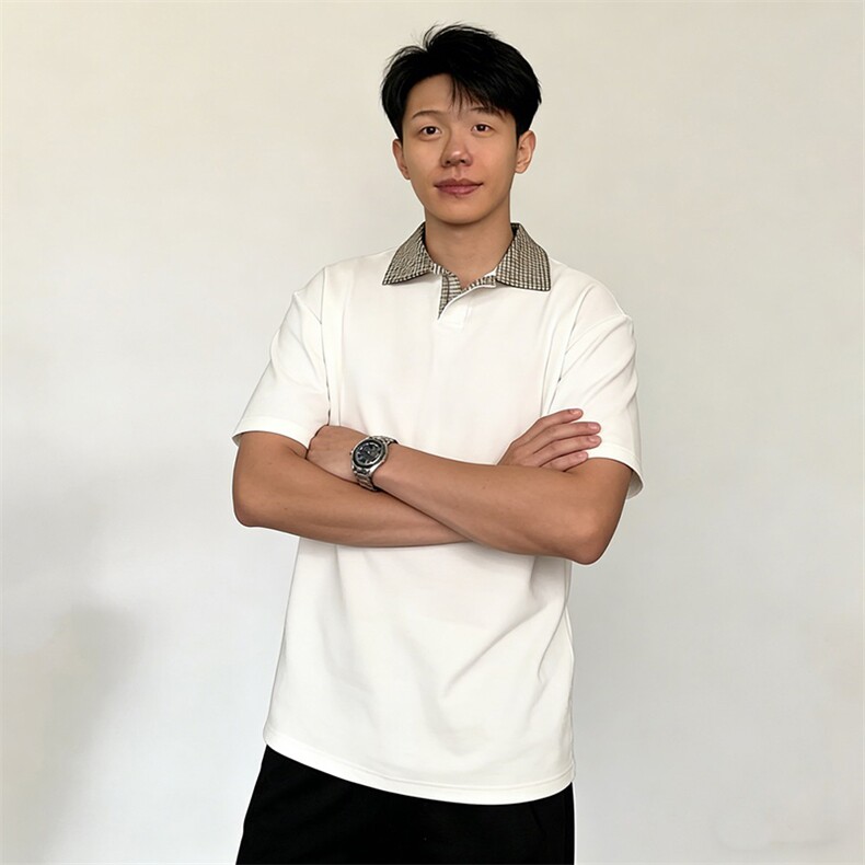 得物抖音高品质二开夏季美式潮牌假两件格子衬衫翻领高街短袖T恤,男装T恤,电商A486