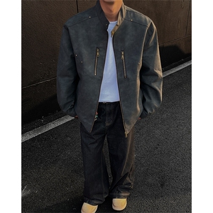 春秋外景美式小众工装皮衣外套男潮宽松大码情侣机车夹克J02/P100图片
