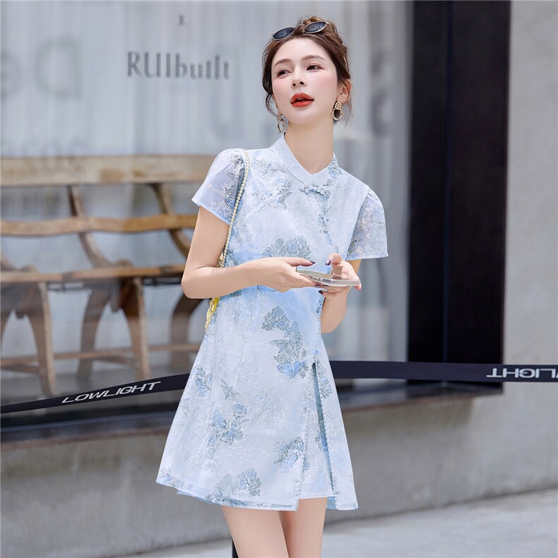 新中式刺绣改良旗袍裙套装女2025夏装时尚钉珠提花减龄短裤两件套,女装套装/套裙,曼琳思菲