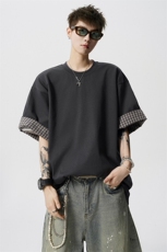 8XL-M格子翻边设计短袖tee男同款文艺休闲T恤上衣半截袖男DX342，男装T恤，电商D206-1