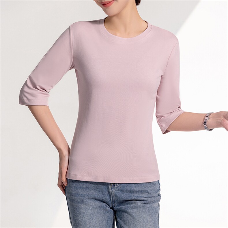 女新圆领80支丝光棉七分袖短袖夏上衣休闲凉感纯色T恤气质潮中袖，女装T恤，元素羊绒