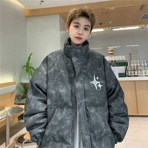 港风PU皮复古做旧可拆卸四芒星胸针设计棉衣男MY77721P128控168图片