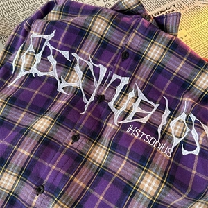 美式复古红色格子短袖衬衫男女夏季hiphop小众宽松刺绣衬衣外套潮图片
