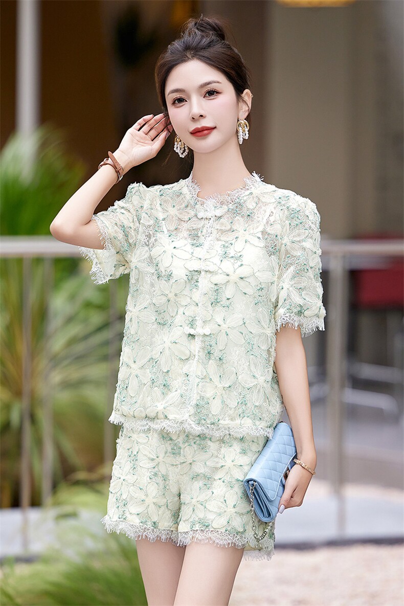 新中式蕾丝套装女2024夏季新款小香风时尚显瘦提花短裤两件套御姐,女装套装/套裙,妙形