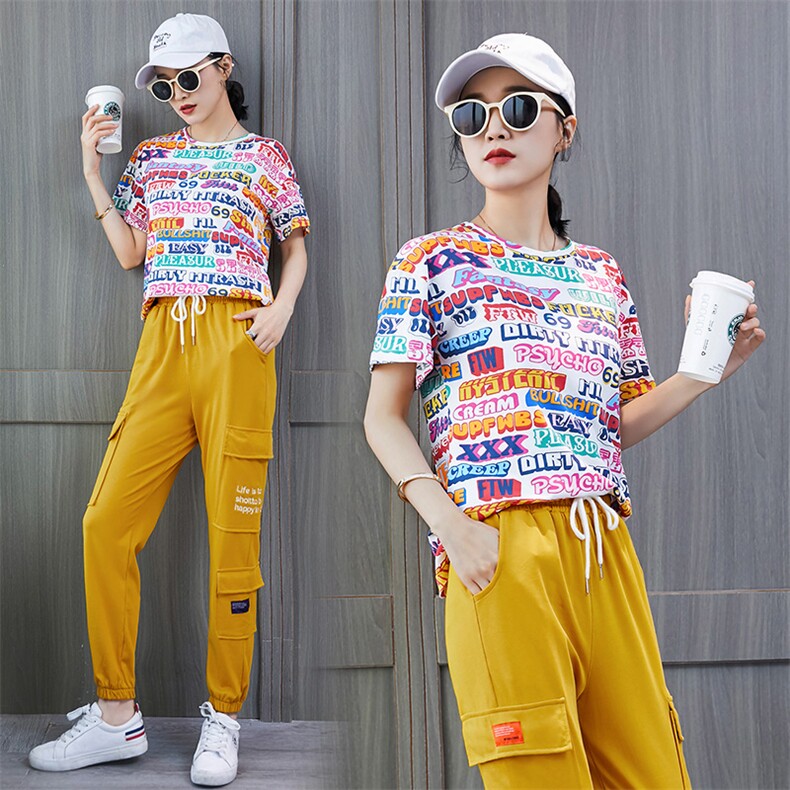 2020夏季新款文艺印花T配休闲裤子纯色，女装套装/套裙，凯瑟曼