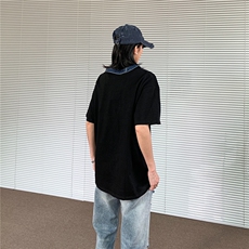 美式潮牌帅气牛仔拼接重磅短袖拼色设计小众半袖宽松休闲t恤上衣，男装T恤，星座506A
