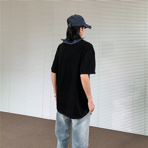 美式潮牌帅气牛仔拼接重磅短袖拼色设计小众半袖宽松休闲t恤上衣图片