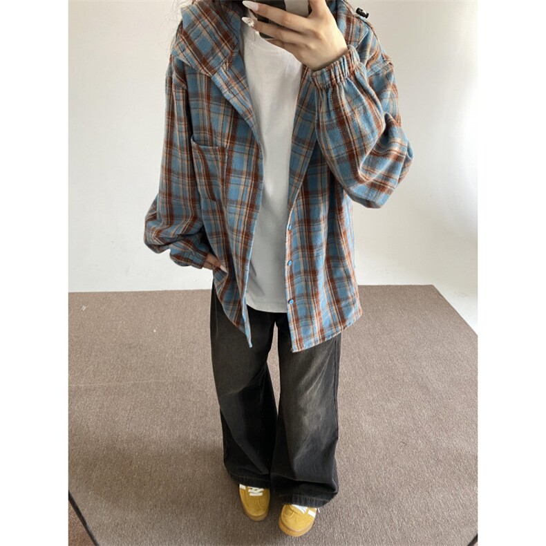 秋宽松衬衣磨毛美式连帽复古格子衬衫外套女春秋长袖上衣C349,男装衬衫,星座1116A（原606A-3）