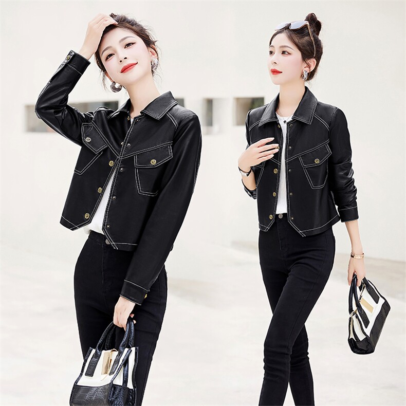 《高质新款》不规则口袋工装皮衣短外套,女装皮衣,臻衣坊