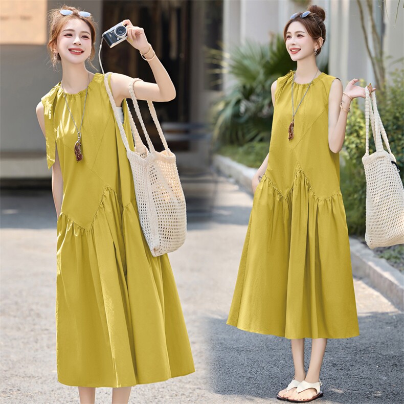 蓝色无袖挂脖连衣裙女夏2025宽松显瘦百搭新款慵懒海边度假长裙子，女装连衣裙，木子恋