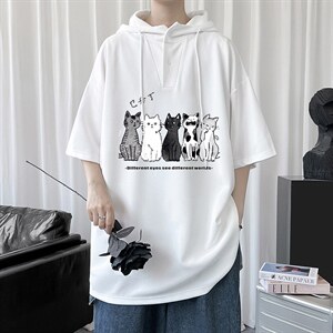 LD54100-P45 连帽短袖t恤男大码胖子带帽五分袖中袖图片