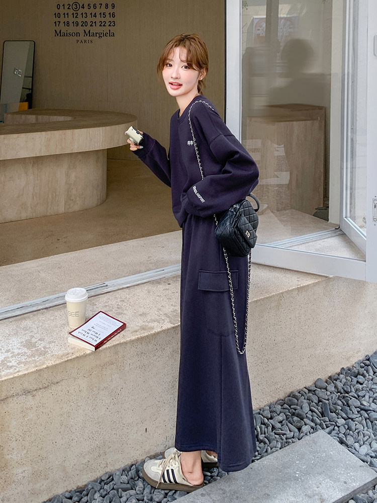 藏青色休闲时尚卫衣套装裙女2025春季新款韩系慵懒风半身裙两件套,女装套装/套裙,C位