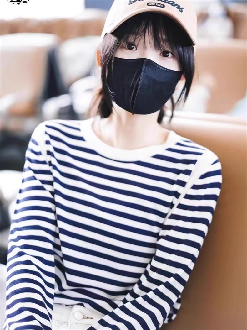 蓝色条纹圆领时尚百搭休闲舒适长袖打底衫,女装T恤,佑昭祥羊绒