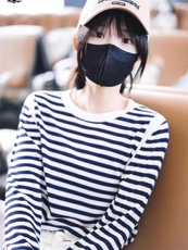 蓝色条纹圆领时尚百搭休闲舒适长袖打底衫，女装T恤，佑昭祥羊绒