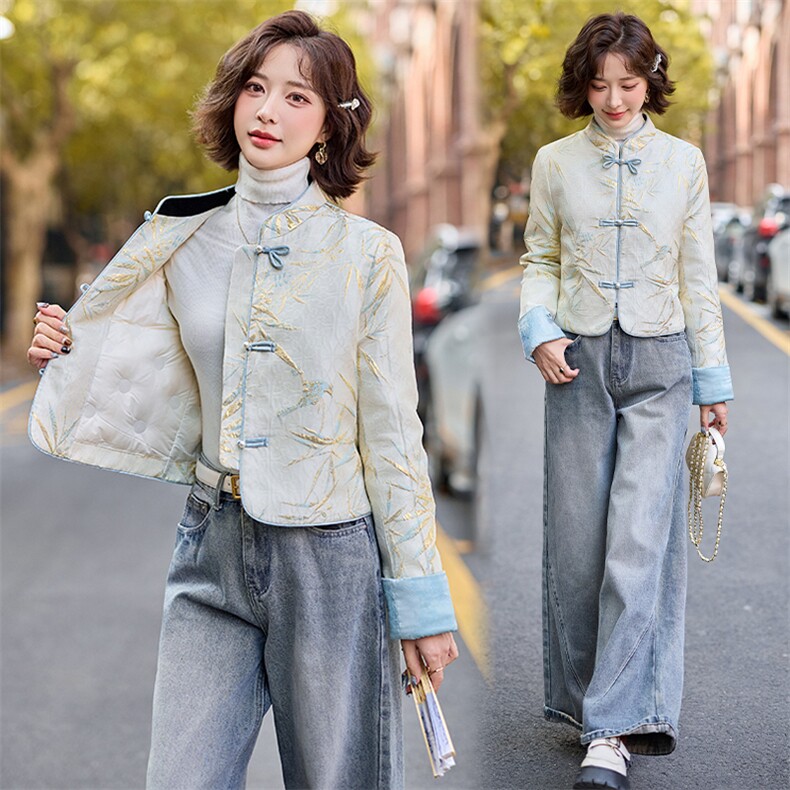 新中式轻薄羽绒服女短款2025年新款春白鸭绒时尚唐装提花外套图片