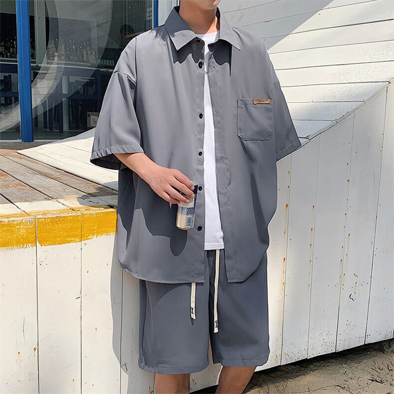 特批P50无差价夏休闲垂坠感短袖衬衫短裤男薄款潮流时尚套装TZ053,男装休闲套装,电商A001-1