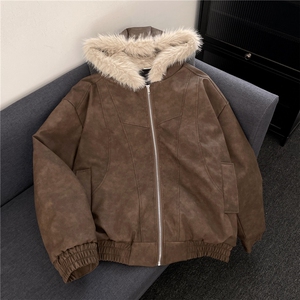 加绒加厚冬款男女连帽棉衣扎染PU皮棉袄毛领保暖皮棉服MY94P110,短款的皮毛一体大衣怎么搭配图片