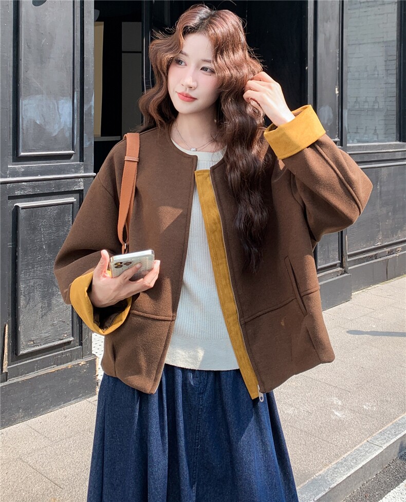 小个子设计感休闲韩系双面呢羊毛大衣拼色毛呢短外套女冬,女装毛呢外套,浙宝136