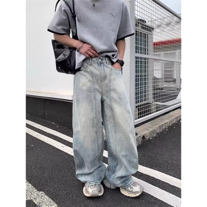 美式复古水洗做旧磨白牛仔裤男女高街潮牌宽松休闲百搭显瘦长裤潮图片