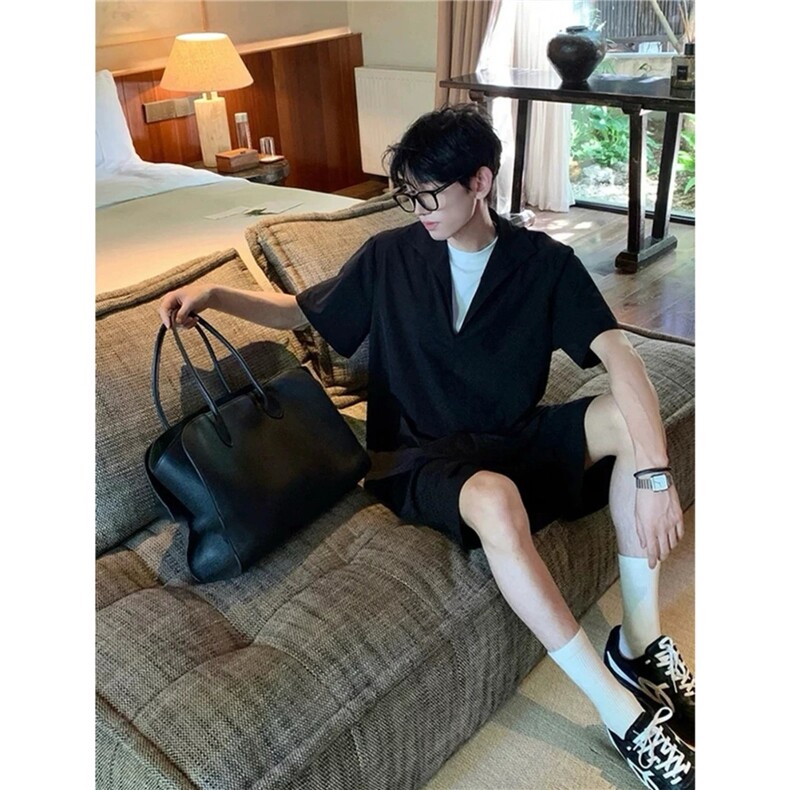 假两件亚麻套装男夏季薄款高级感老钱风松弛感休闲短袖短裤两件套图片