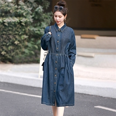 欧货牛仔连衣裙女长袖秋季2025新款时尚大码胖mm显瘦中长款衬衫裙，女装连衣裙，丽影随形