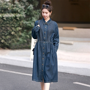 欧货牛仔连衣裙女长袖秋季2025新款时尚大码胖mm显瘦中长款衬衫裙图片