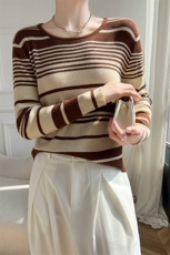 时尚百搭女士秋冬仿羊毛宽窄彩条圆领针织衫，女装针织衫/毛衣，洁纯羊绒