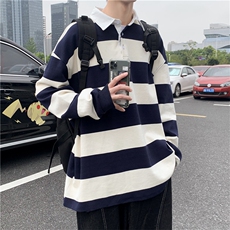 秋季超火ins条纹长袖polo衫卫衣宽松潮流情侣款体恤衫W1634-P35，男装卫衣，星座512-2