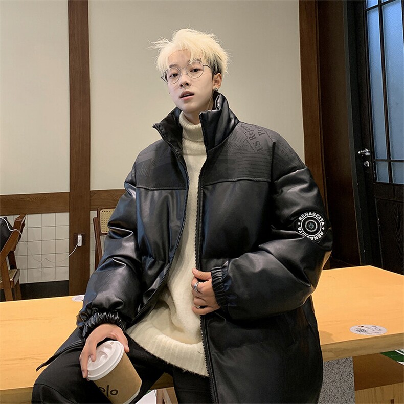 潮牌拼接PU皮保暖羽绒棉服男加厚外套M1605P100直播,男装棉衣,星座1904A-1